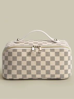 White and Grey Checkered Women's Top-Handle Cosmetic Toiletry Bag